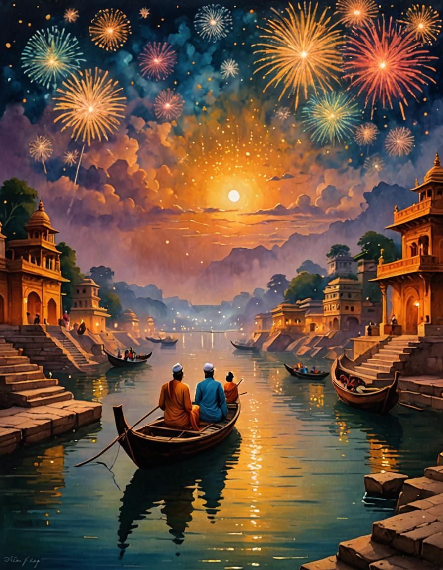 Diwali celebrations at Ganga Ghat: Warm golden light bathes ...