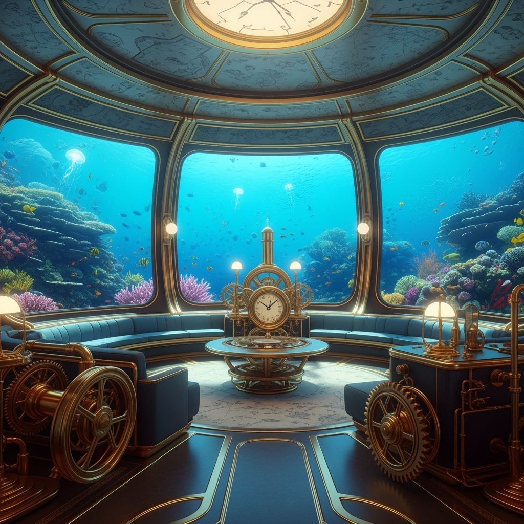 Underwater Steampunk Living Room with Sea Life View