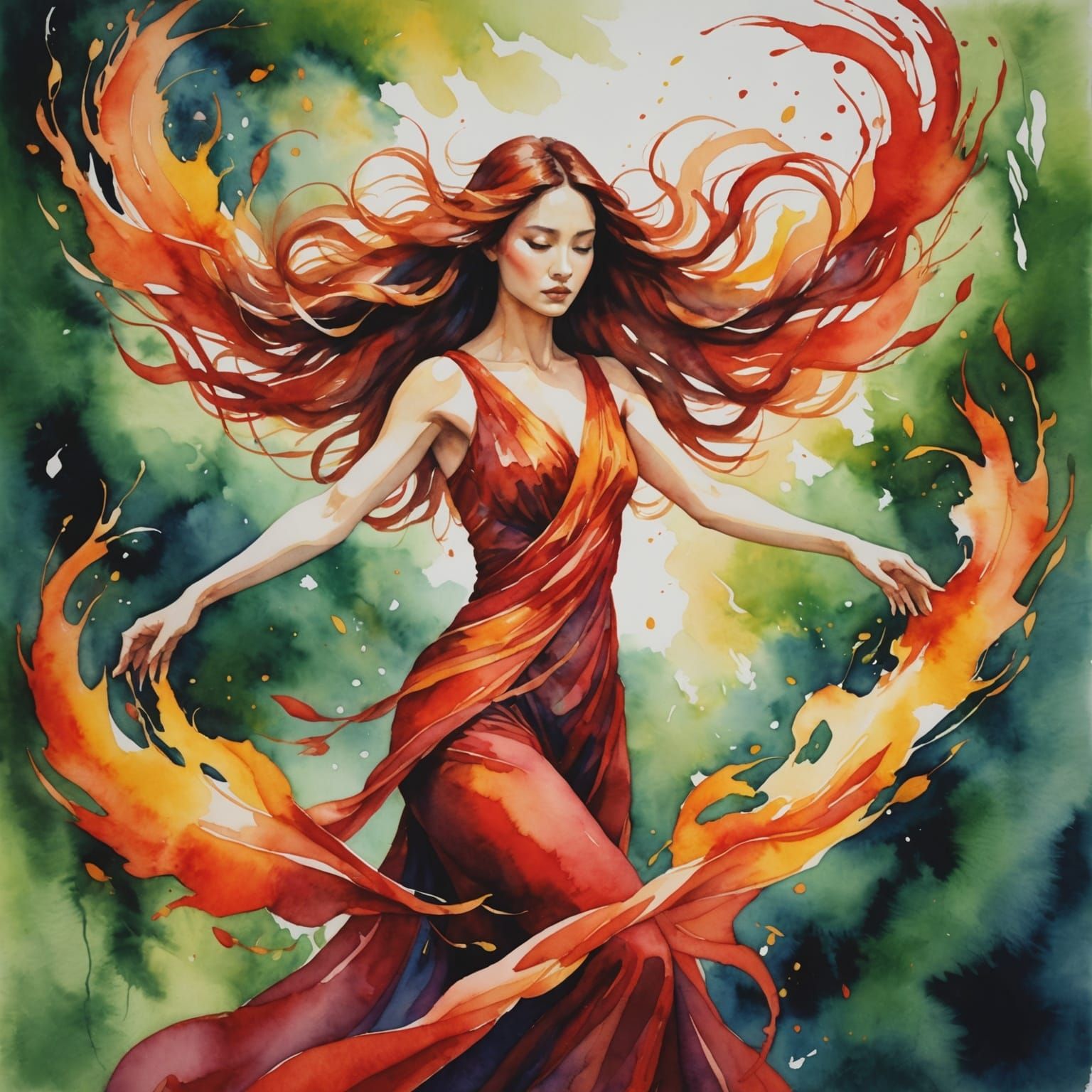 Ethereal Woman Intertwined with Fire as Watercolor Painting