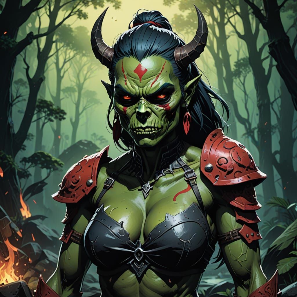 Bold Female Orc in Vibrant Skull Bikini