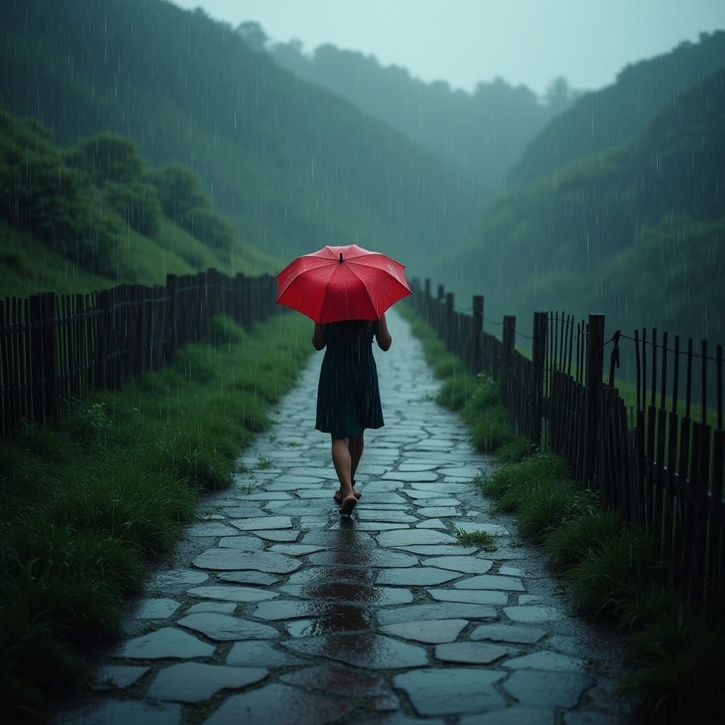 Person with Red Umbrella in Heavy Rain on Stone Path