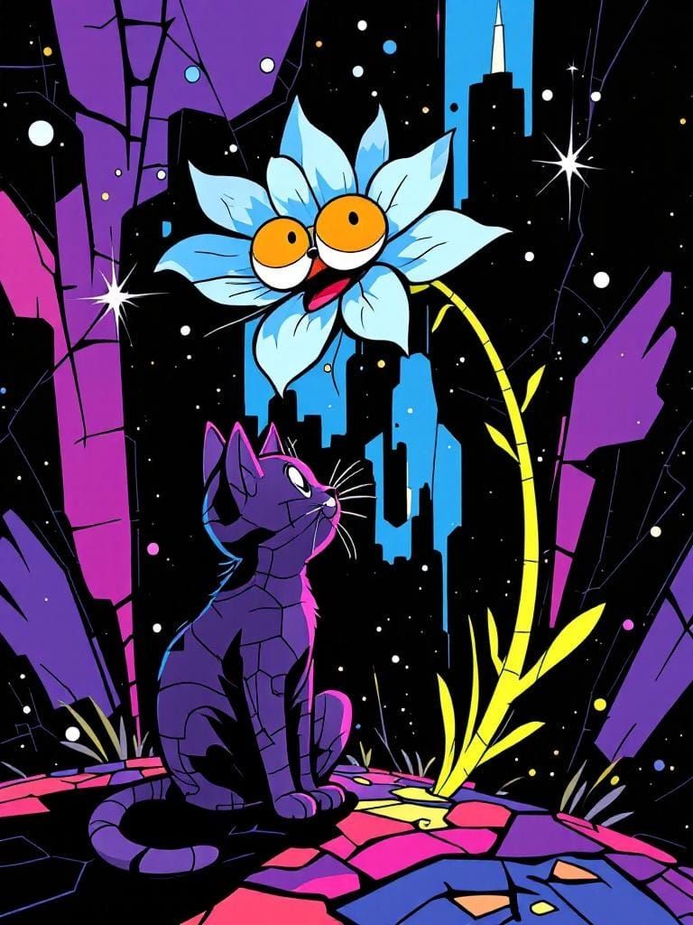 Cartoon Cat Under Flower in Groening Murakami Style