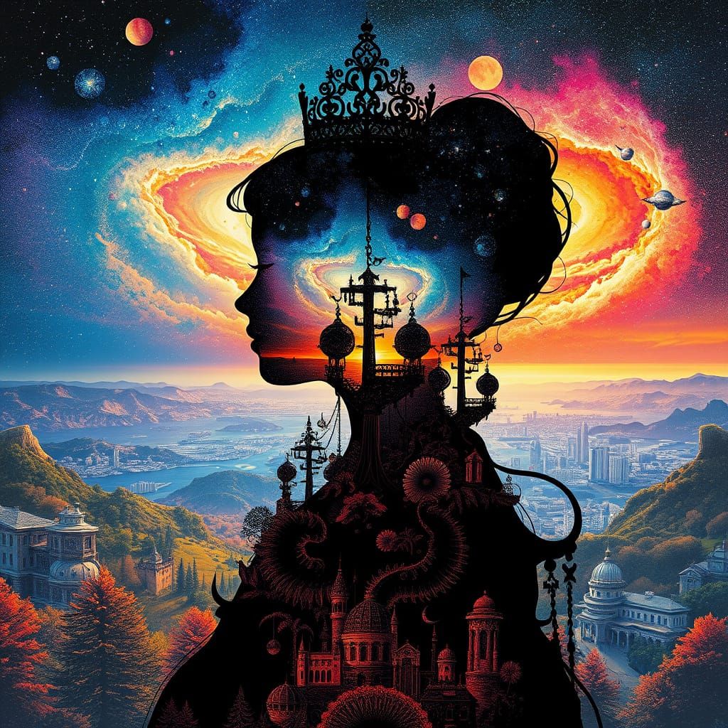 Princess Silhouette in Surreal Double Exposure Landscape