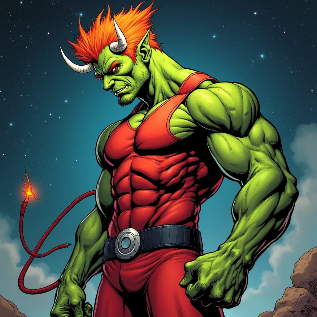 Muscular Green Devil with Mohawk in Comic Book Style