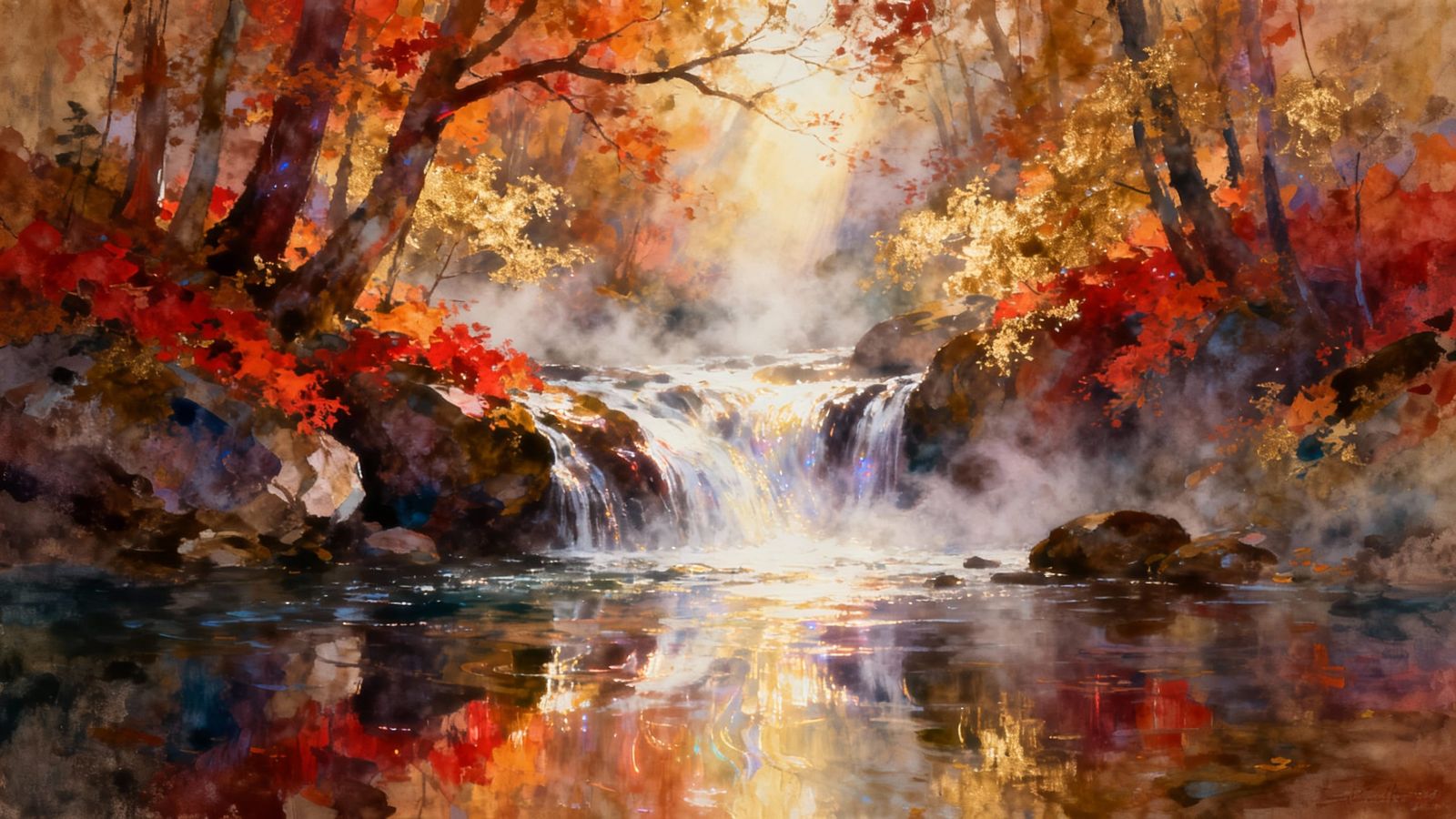 Abstract Autumn Waterfall in a Serene Forest