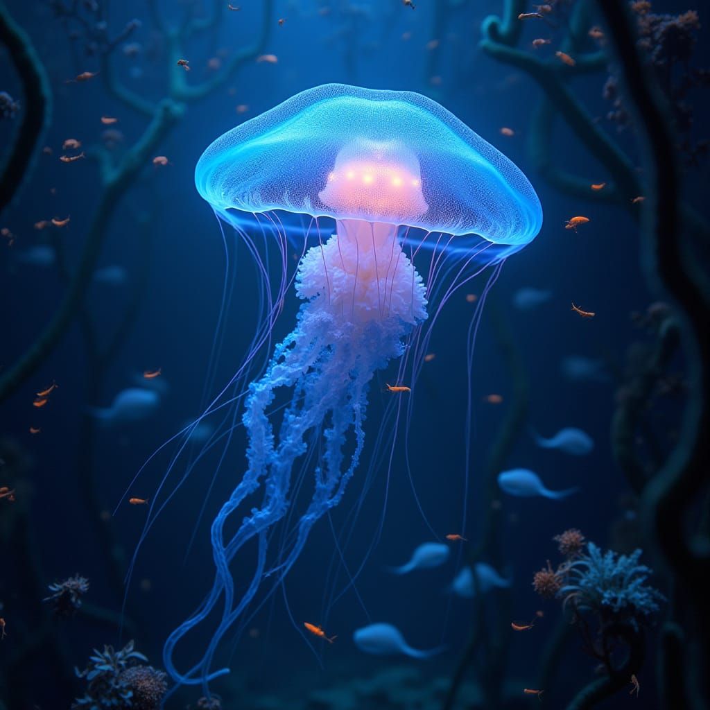Bioluminescent Jellyfish in Deep-Sea Trench, Surreal Beauty