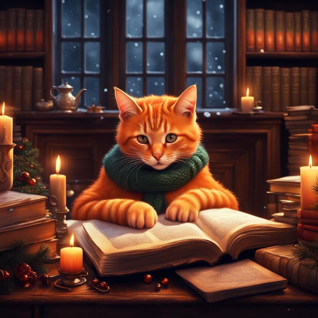 Cozy Christmas Cat in a Library: Detailed Matte Painting