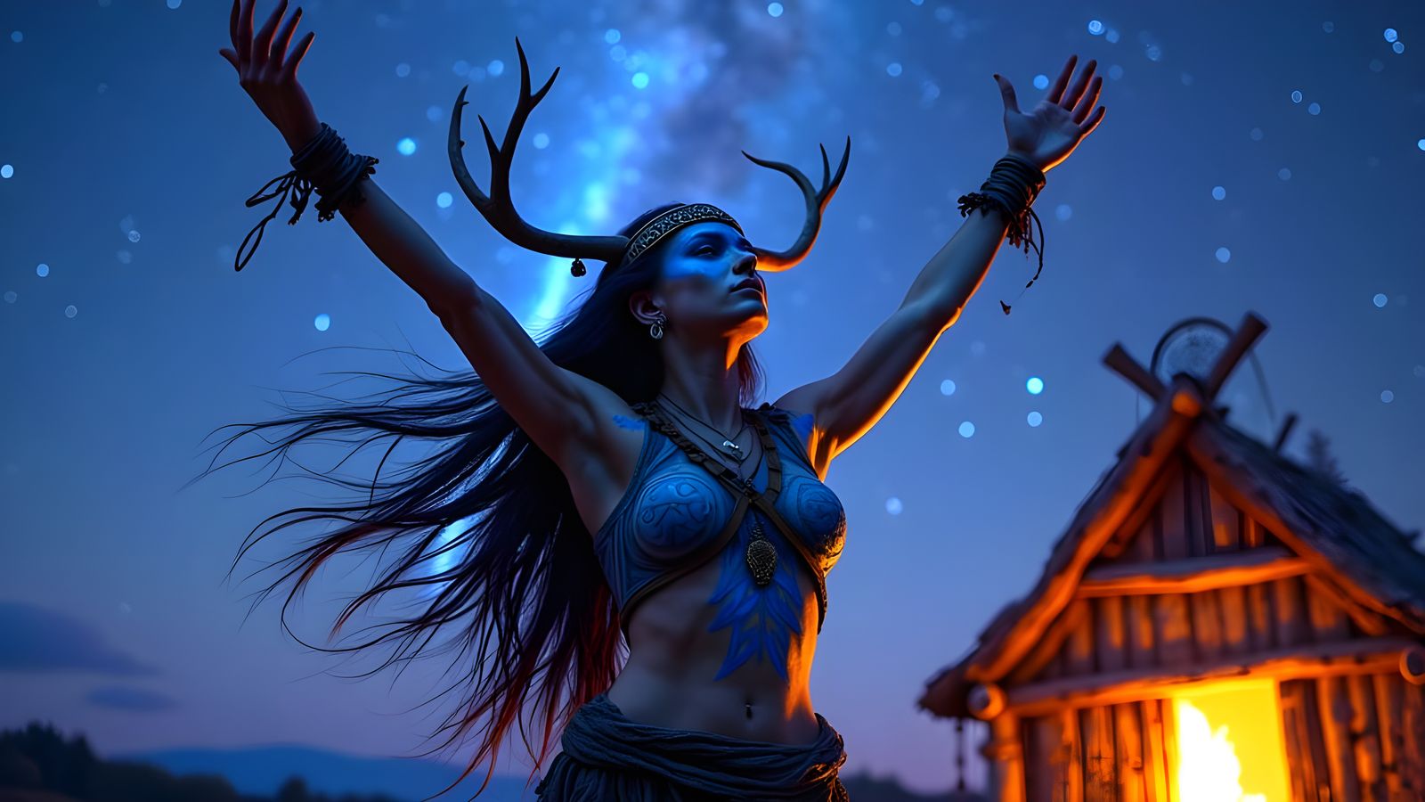 Viking Shaman Woman Chanting Under Night Sky