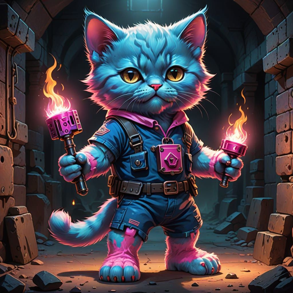 Giant Blue Kitten Adventurer in Dungeon