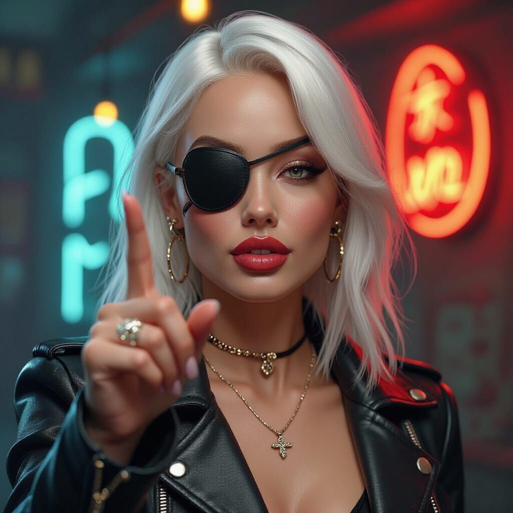 Confident Albino Woman Points in Cyberpunk Style