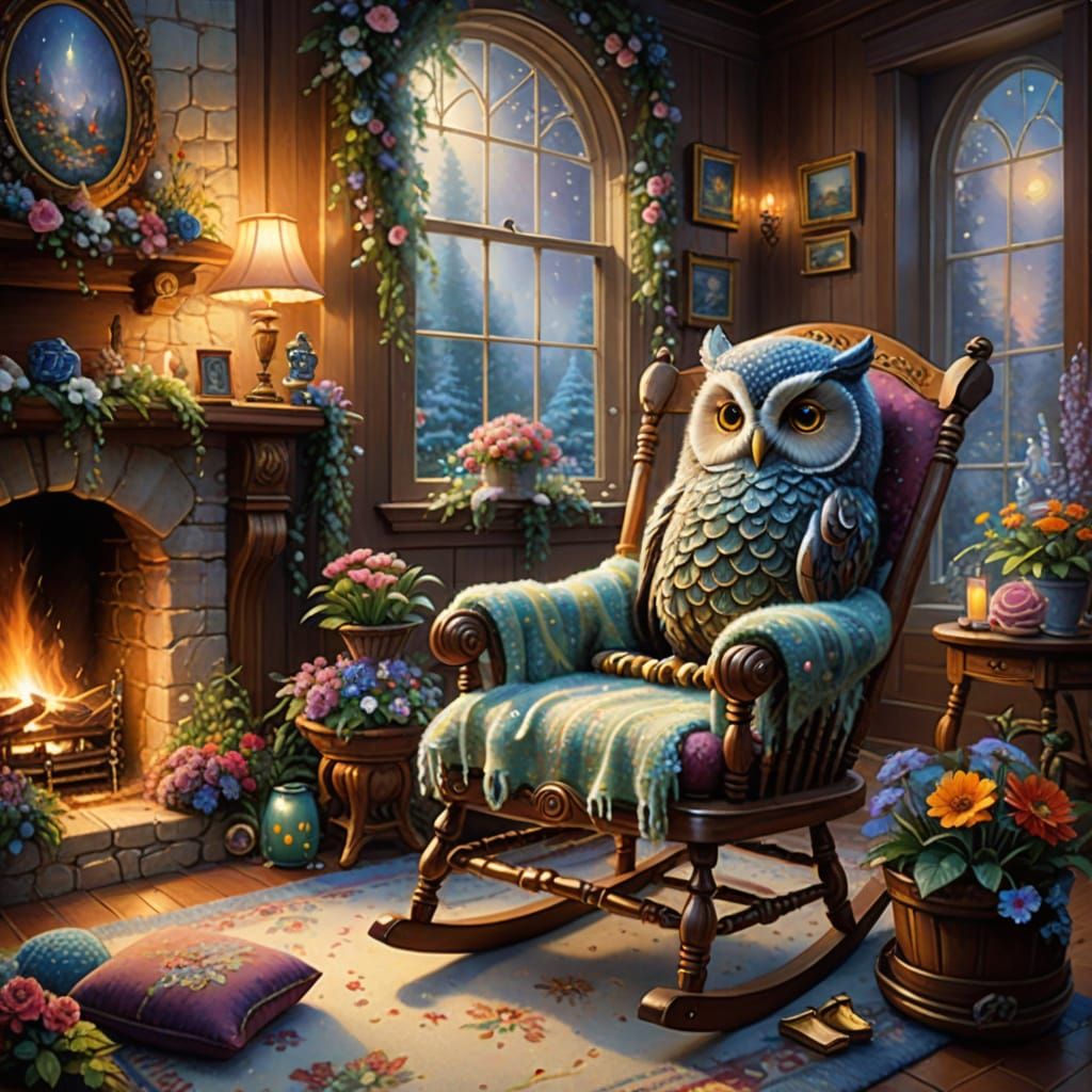 Owlets Sleeping on a Magical Rocking Chair