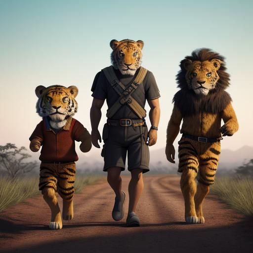 Child Animal Characters Jogging in the Serengeti