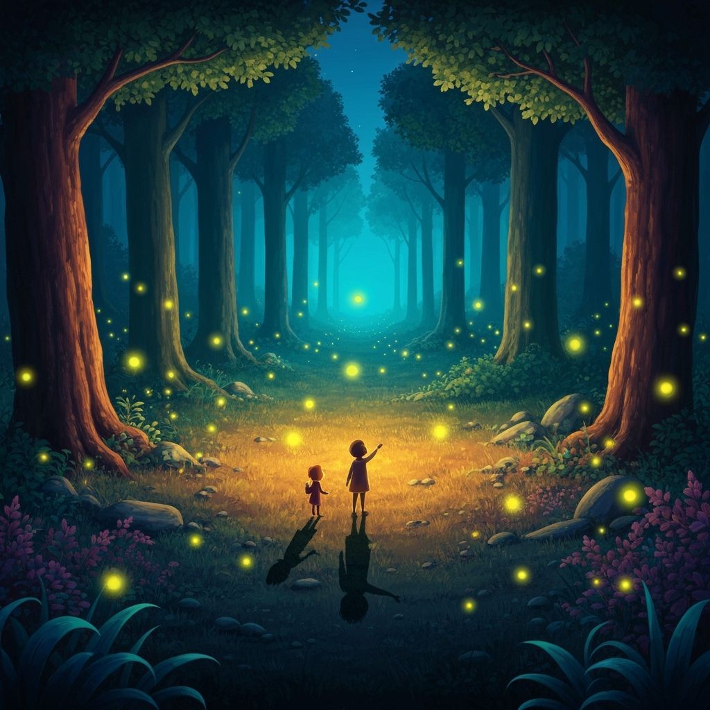 Enchanted Forest at Night with Fireflies, Dreamlike Illustra...