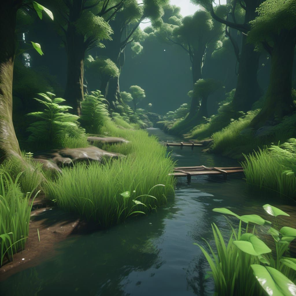 Vibrant Green Watercourse in Polycount Style