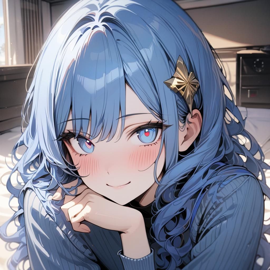 Smiling Anime Girl with Blue Hair