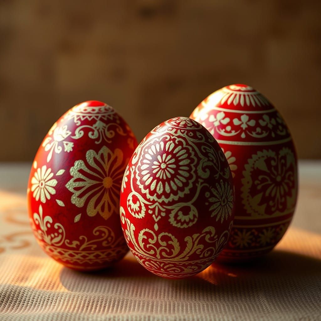 Polish Folk Art Pisanki Eggs in Intricate Red and Gold Desig...