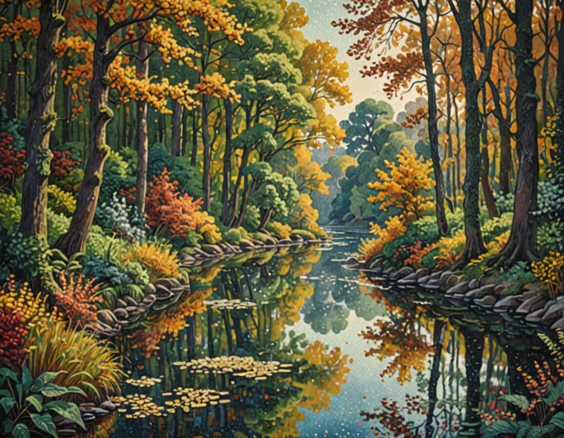 Autumnal Forest River: Pointillist Painting in Cariot Style