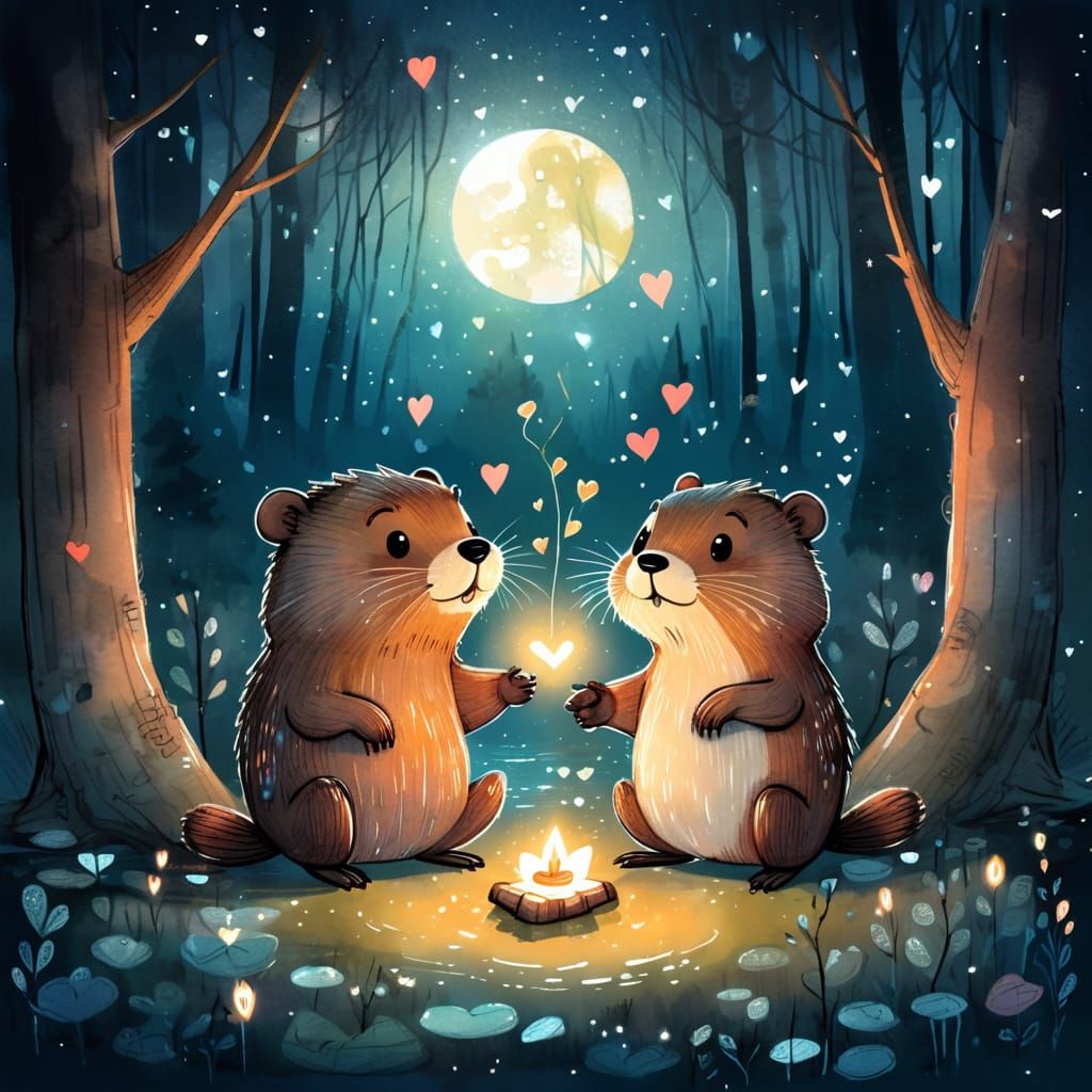 Whimsical Moonlit Beaver Courtship