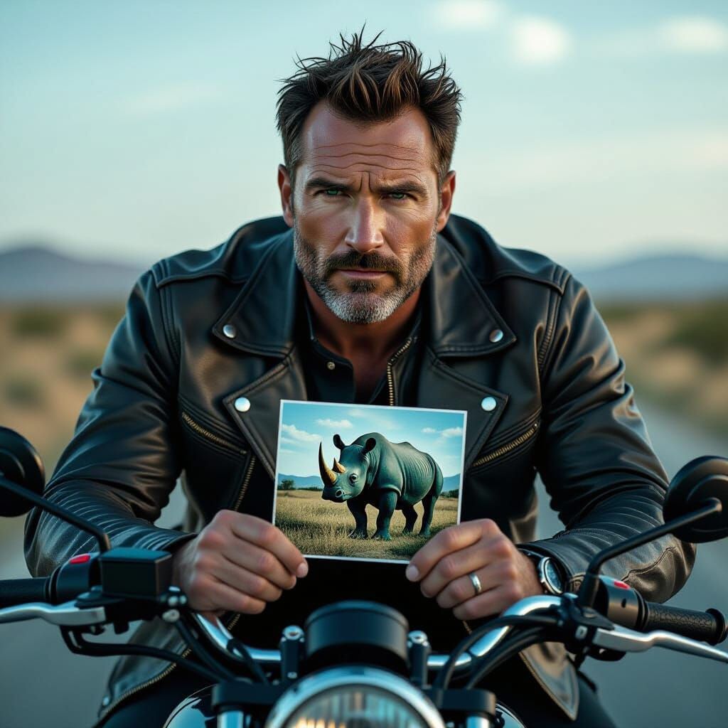 Man Leaning on Motorcycle Holding Rhino Picture