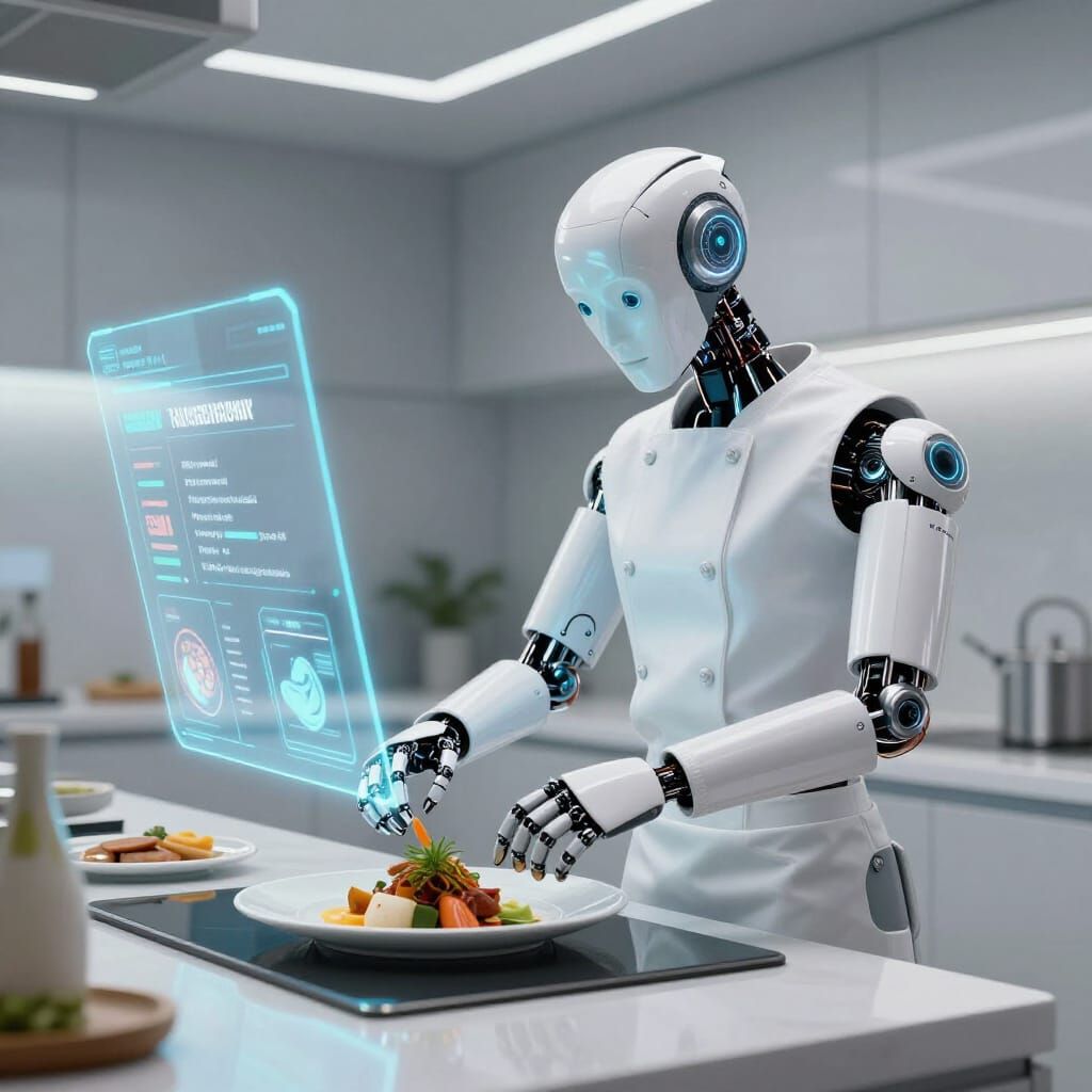 Futuristic Android Chef in High-Tech Kitchen