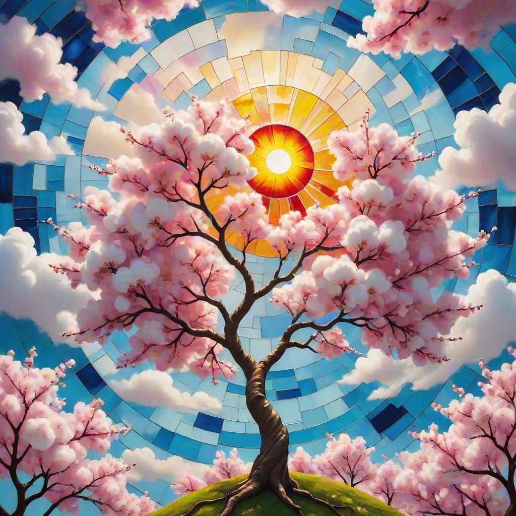 Surreal Cherry Blossom Tree in Vibrant Colors