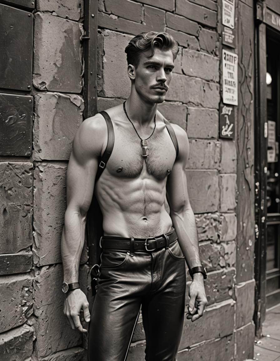 Shirtless Man in Leather Harness on Gritty Street