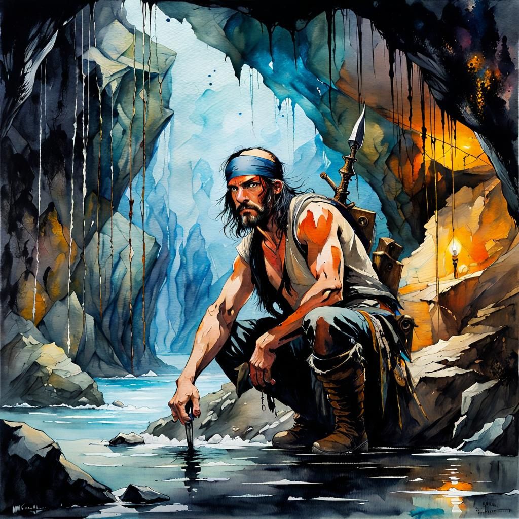 Pirate in Watery Cave: Watercolor Impasto Painting