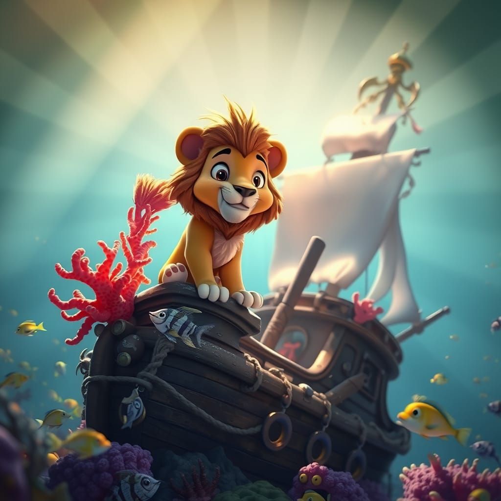 Coral-Tailed Lion on Sunken Ship in Pixar Style