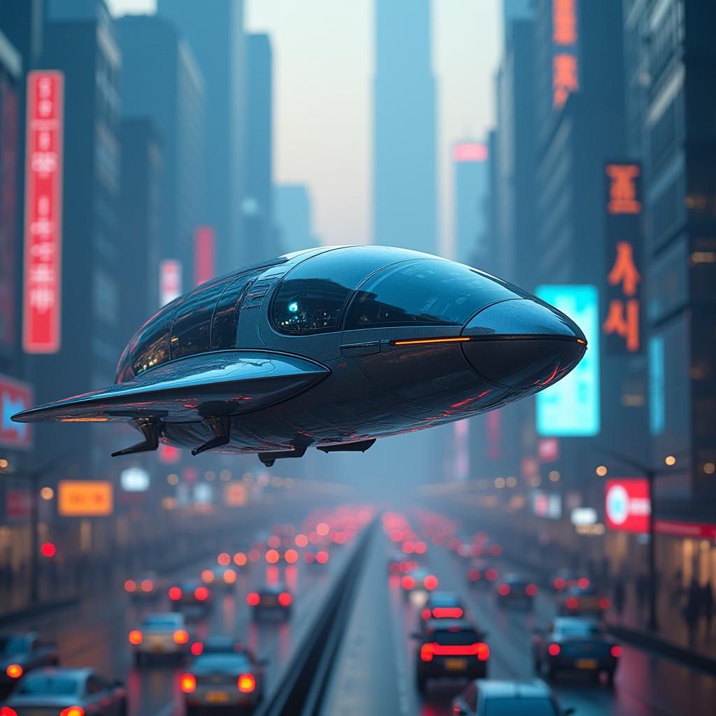 Futuristic Pod Glides Above City in Cyberpunk Art