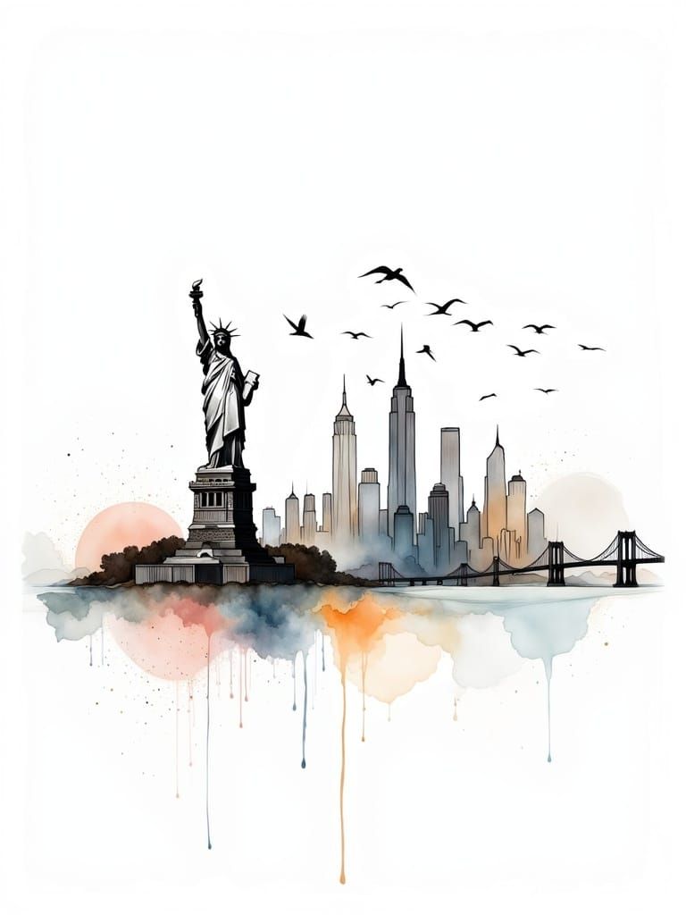 Surreal New York City Skyline in Minimalist Line Art Style