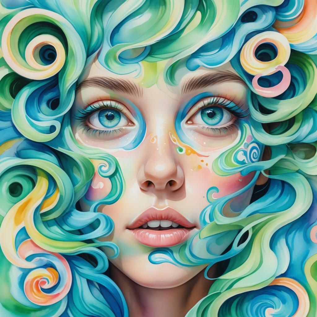 Surreal Portrait with Swirling Eyes in Watercolor Style