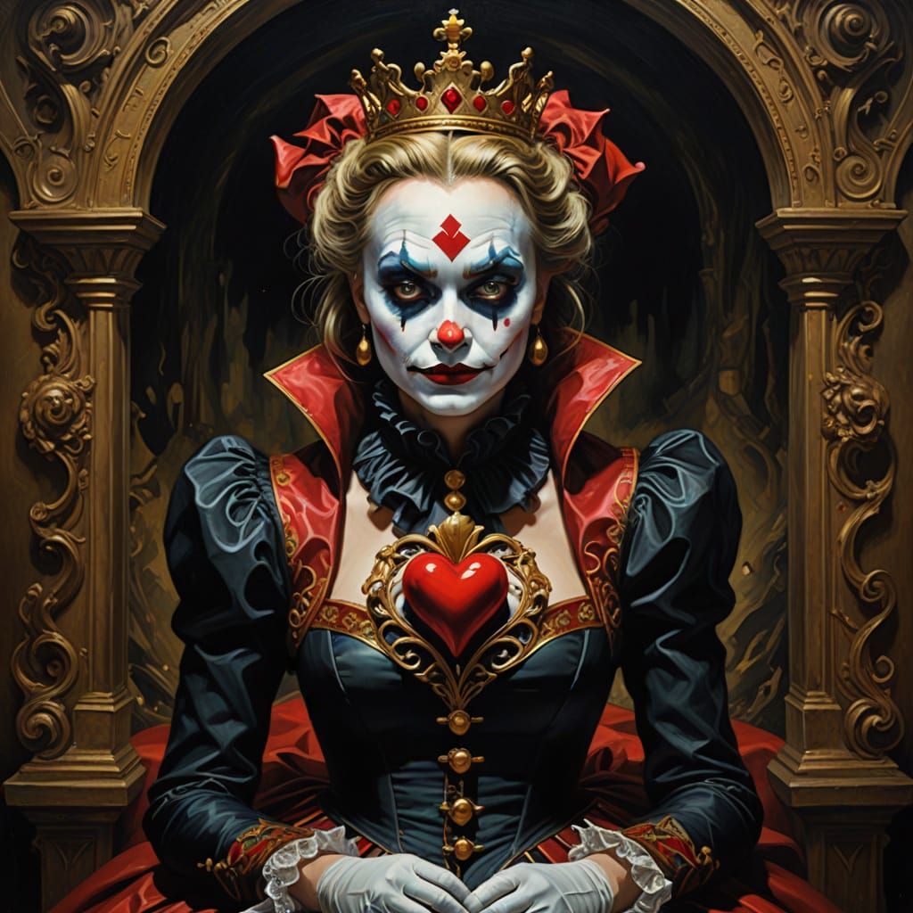 Queen of Hearts Kisses Joker in Surreal Oil Painting