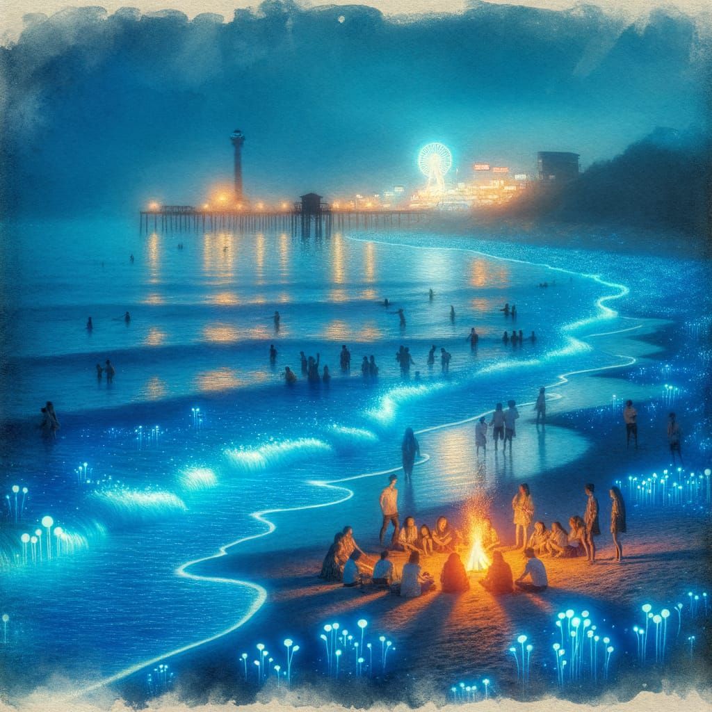 Bioluminescent Beach Bonfire in Blue Hour, Watercolor Style