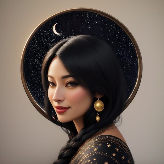 Woman on Crescent Moon in Starry Night Sky