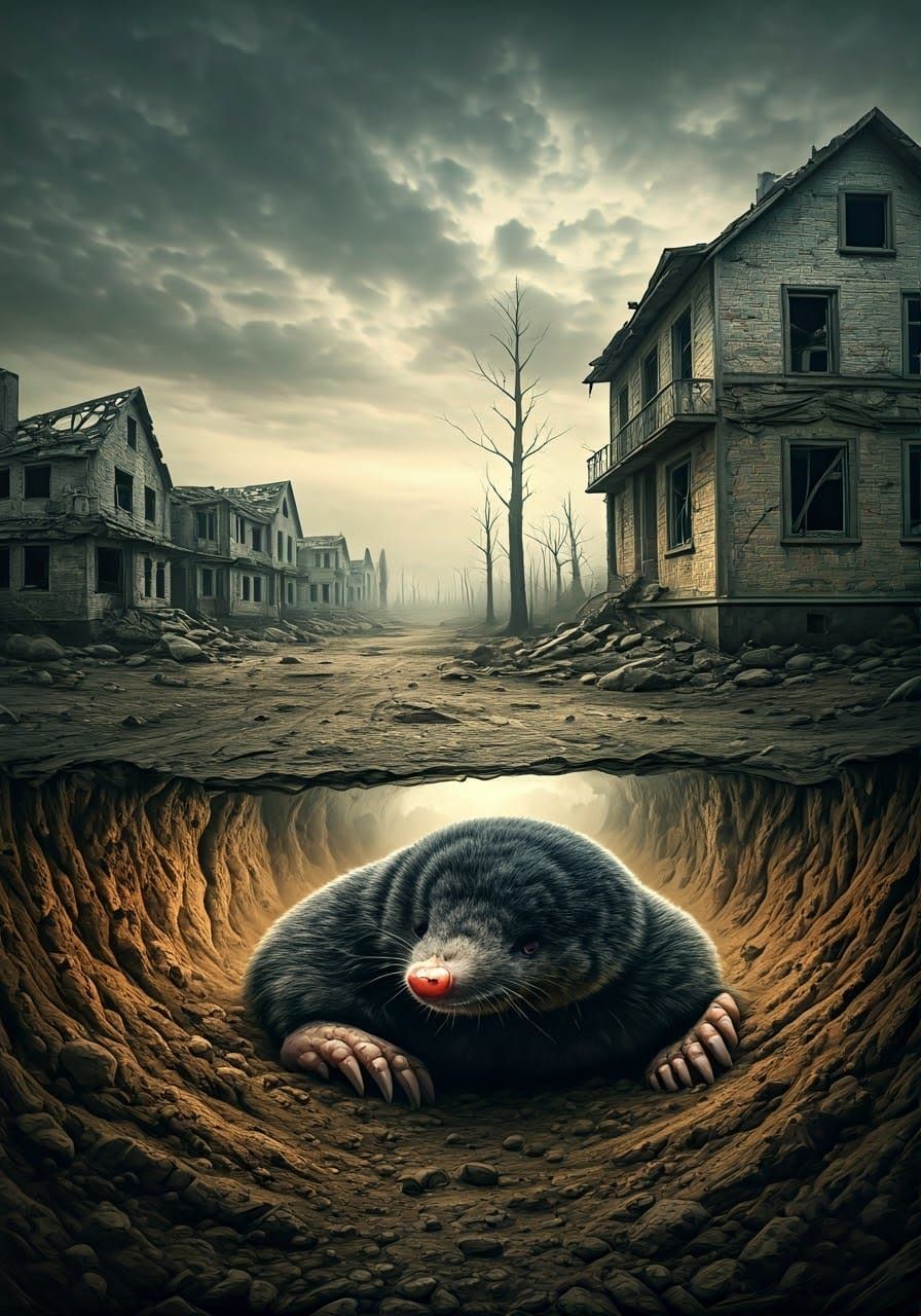 Post-Apocalyptic Dreamscape: Abandoned Houses and Giant Mole...