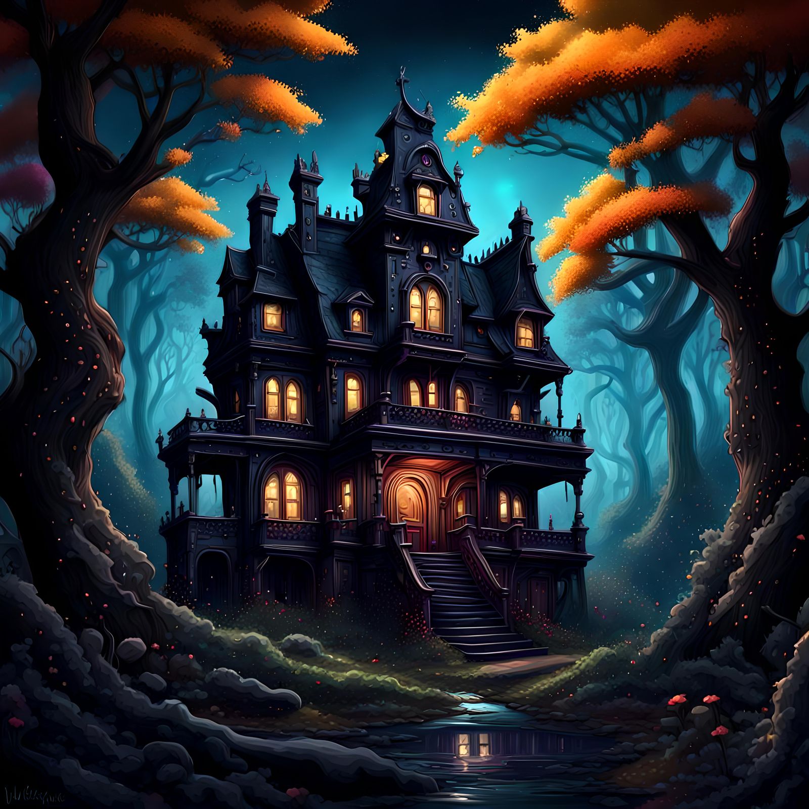 Dark faerie mansion in a fantasy forest
