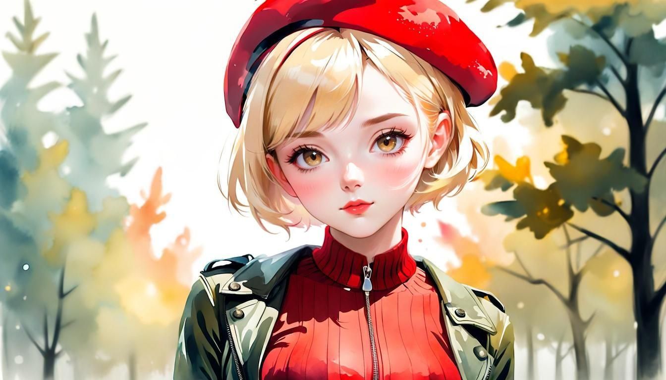 Blonde Girl in Red Beret: Ink and Watercolor Portrait
