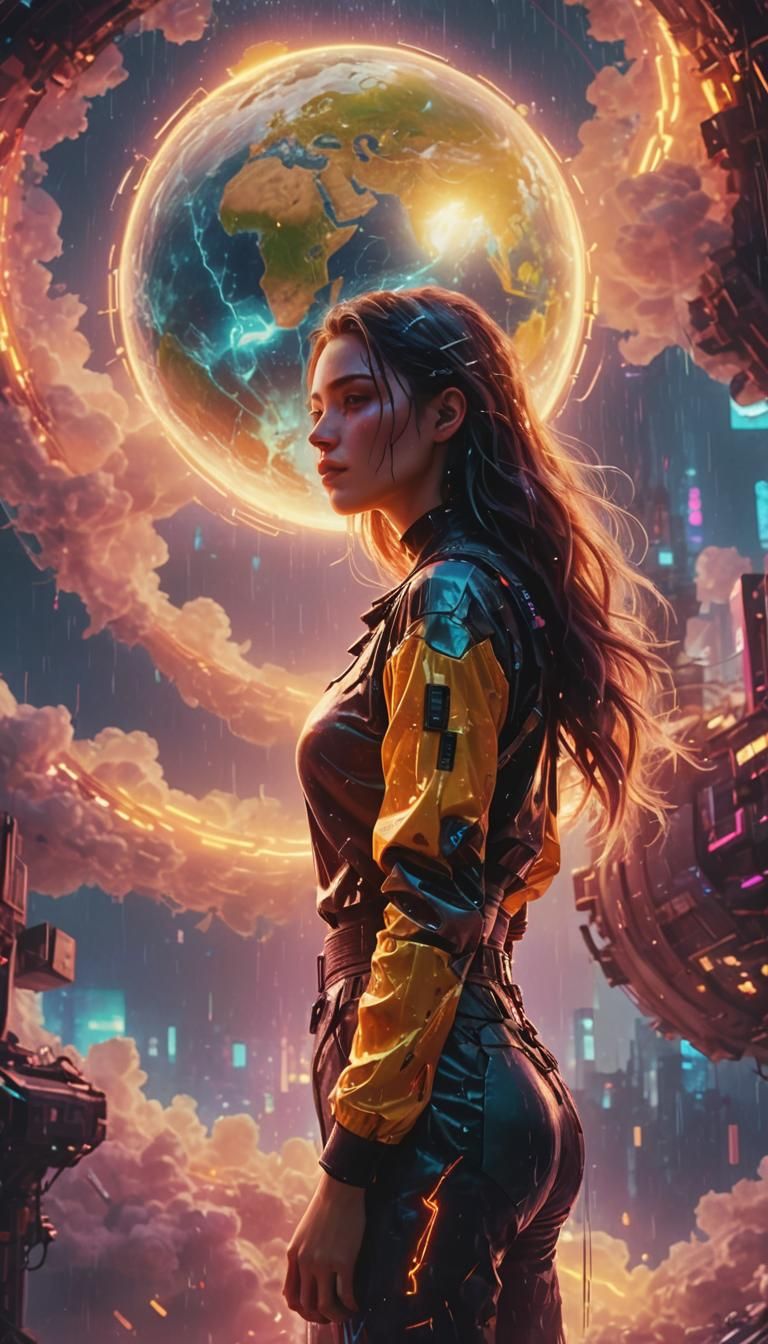 Cyberpunk Woman Embraces Earth in Neon Lights
