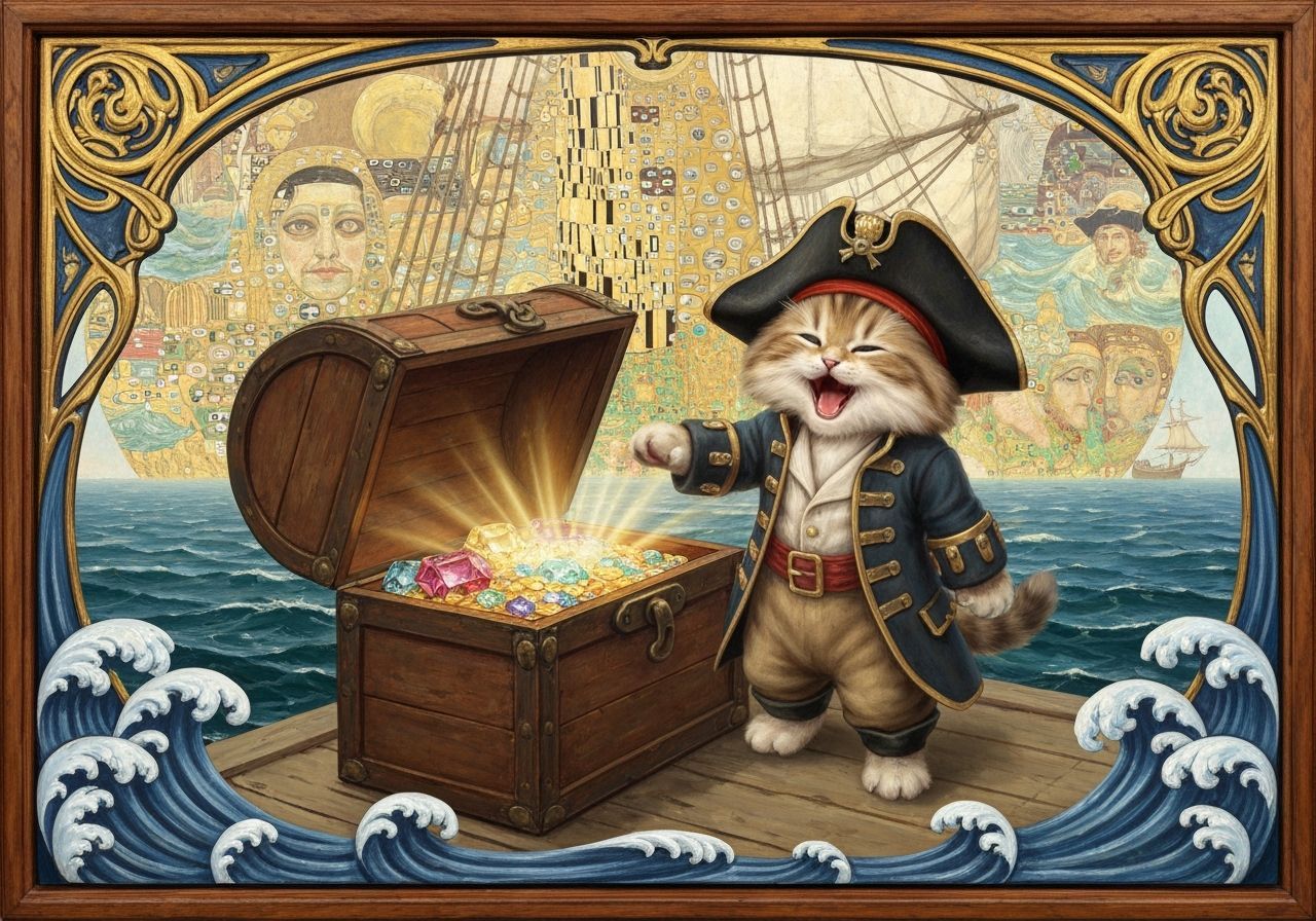 Pirate Kitten Finds Treasure: An Art Nouveau Scene