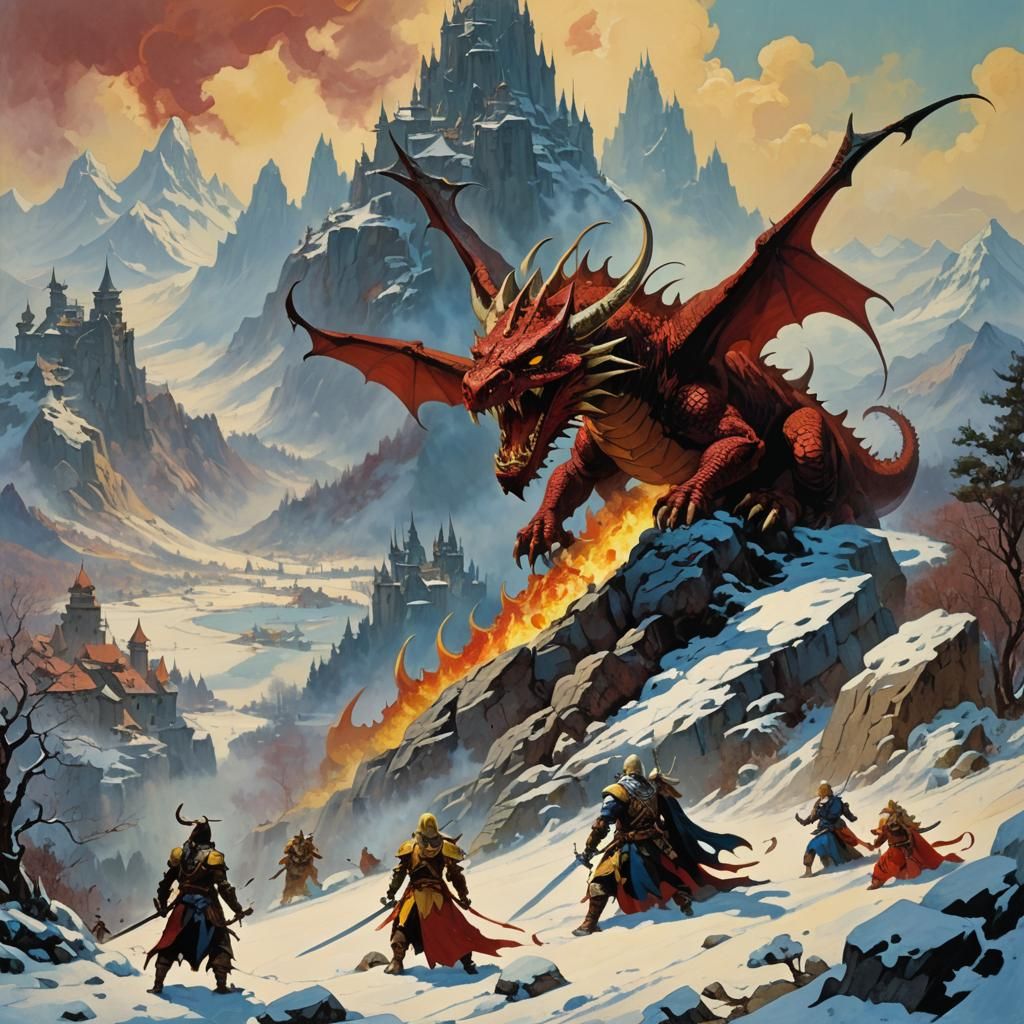 Dragon's Last Stand: Abstract Frazetta-Style Art