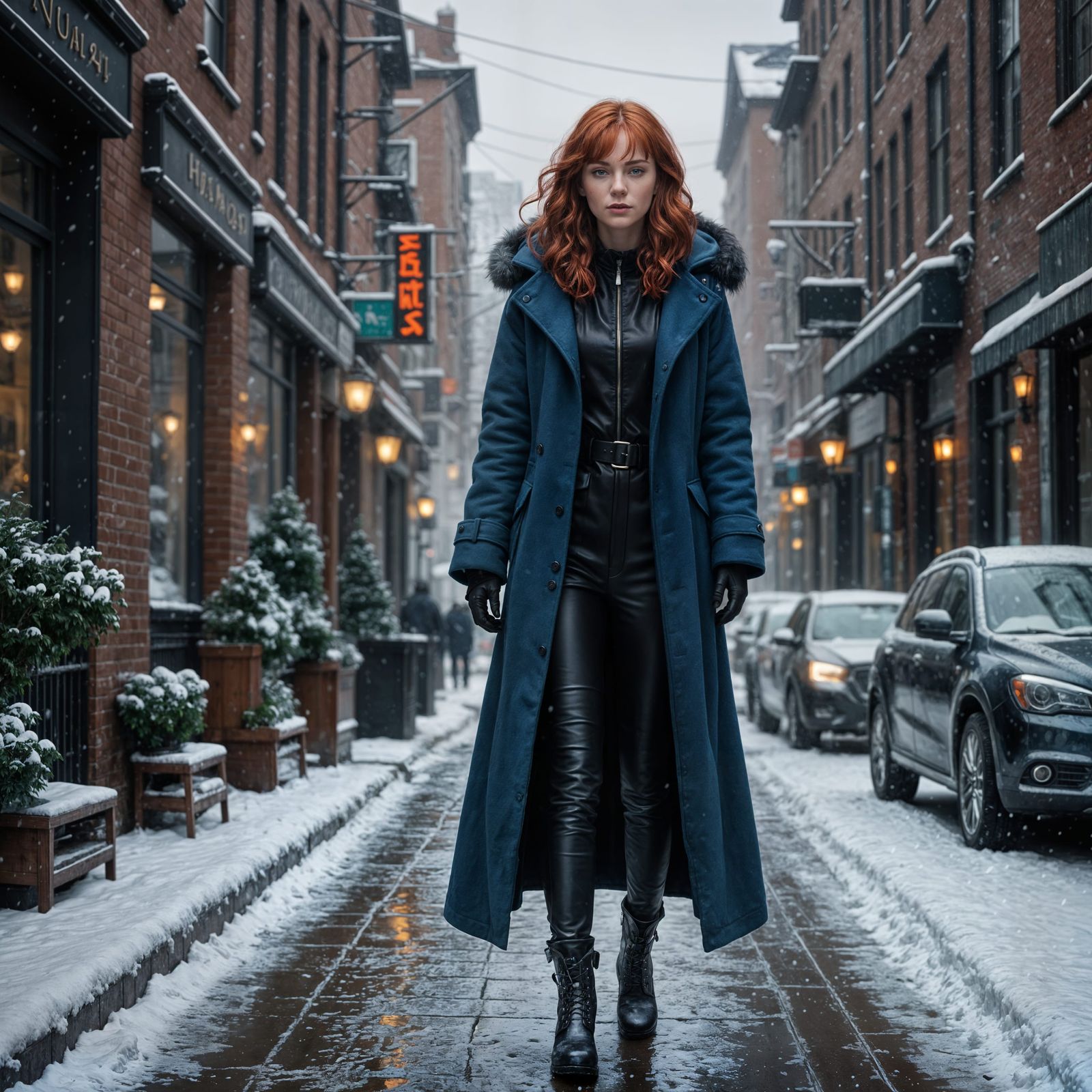 Woman in Fur Coat on Snowy Sidewalk