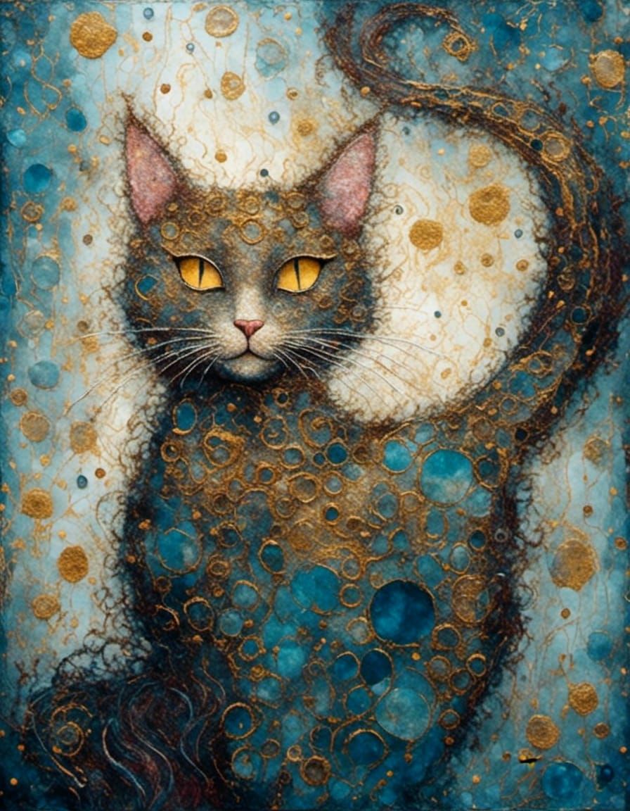 Cat on Golden Throne in Klimt Style