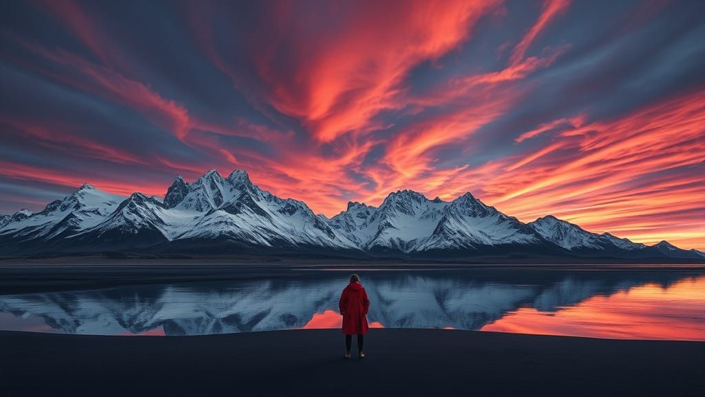 Lone Figure on Reflective Beach in Red Coat, 4K Photorealist...