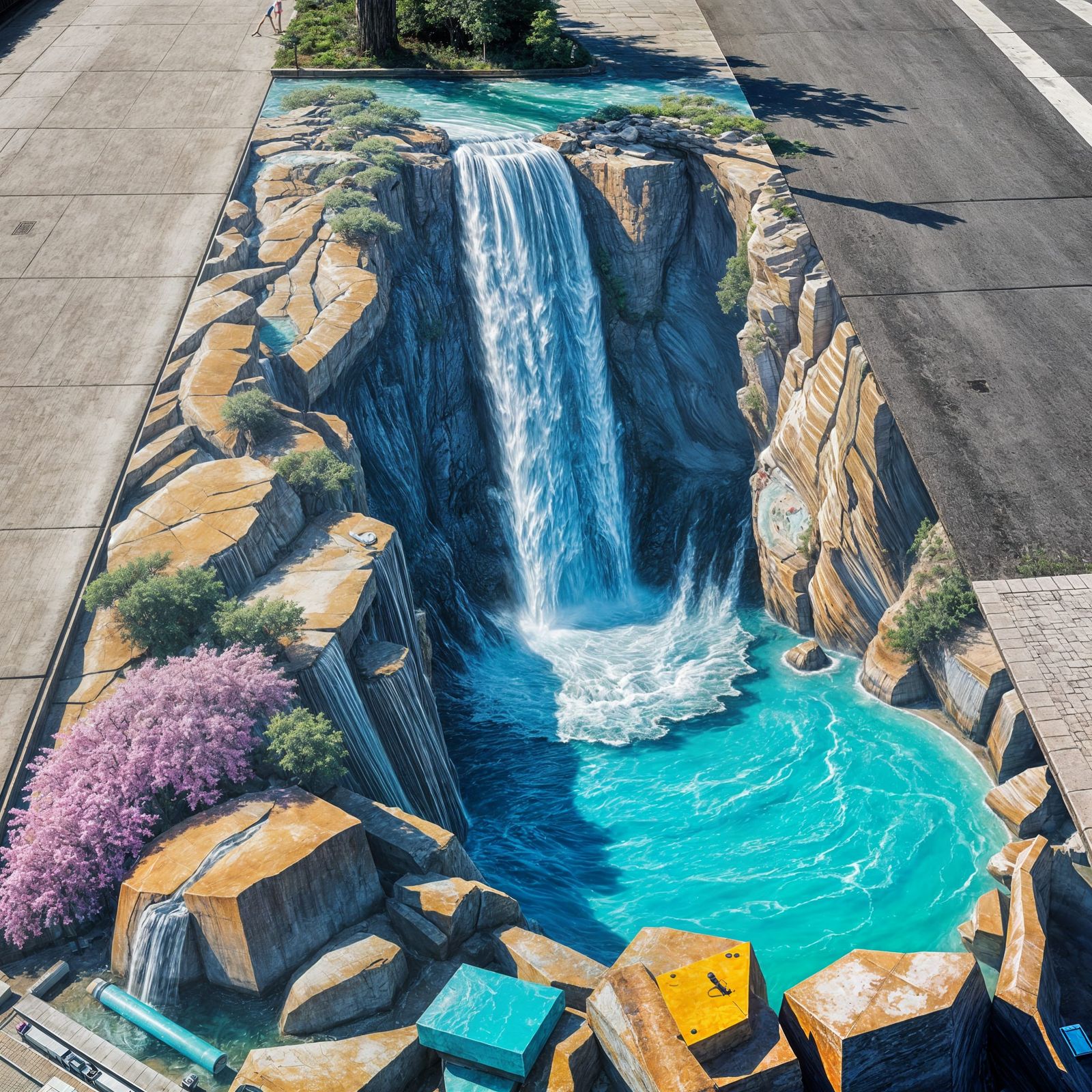 Sidewalk Chalk Art of Colossal Waterfall Illusion