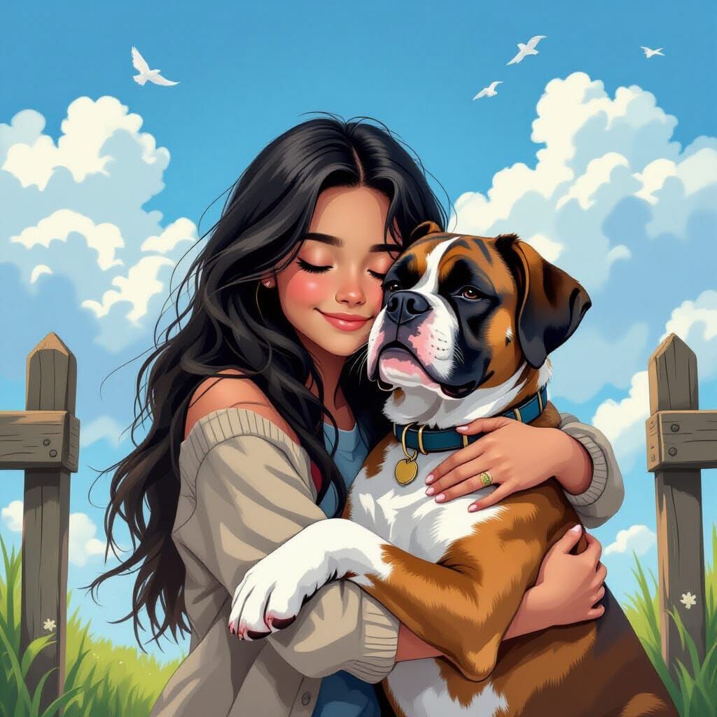 Girl and Dog Embrace in Dreamy, Whimsical Style