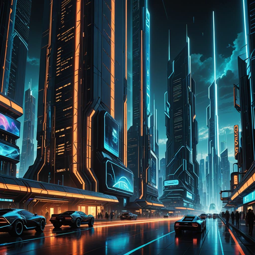 Cyberpunk Megacity in Tron Legacy Style, Neon Glow