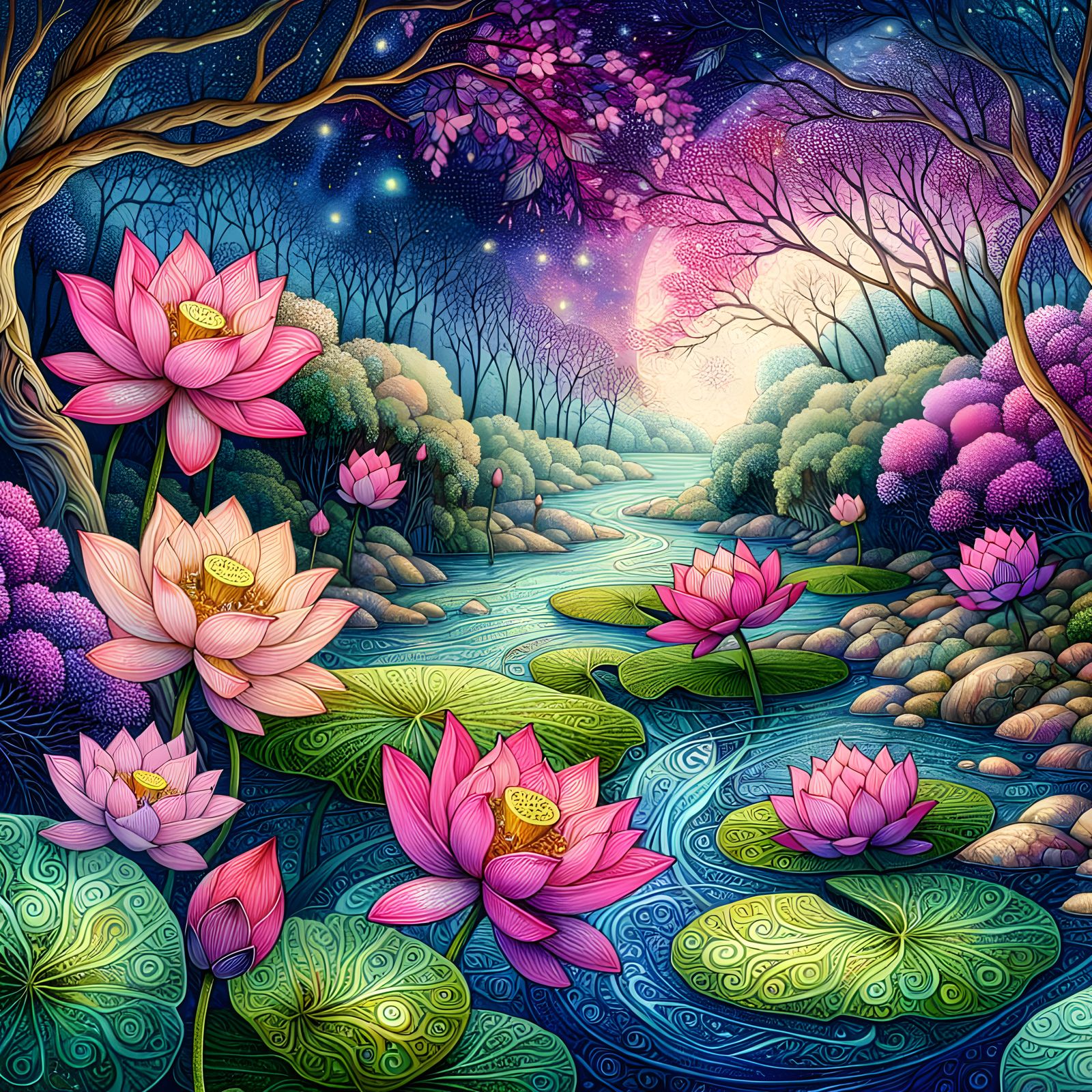 Mystical Watercolor Landscape with Pink Lotus Flowers