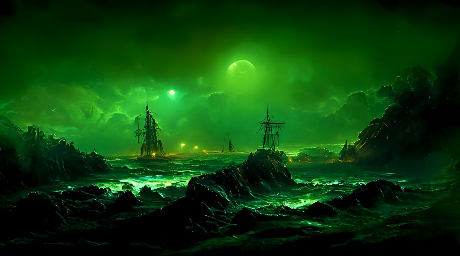 Ethereal Ghost Ship on a Stormy Green Sea