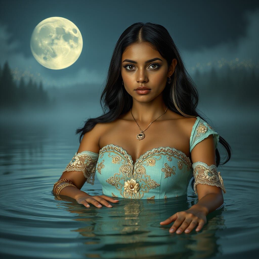 Mayan Woman in Misty Lake: Ornate Fantasy Portrait