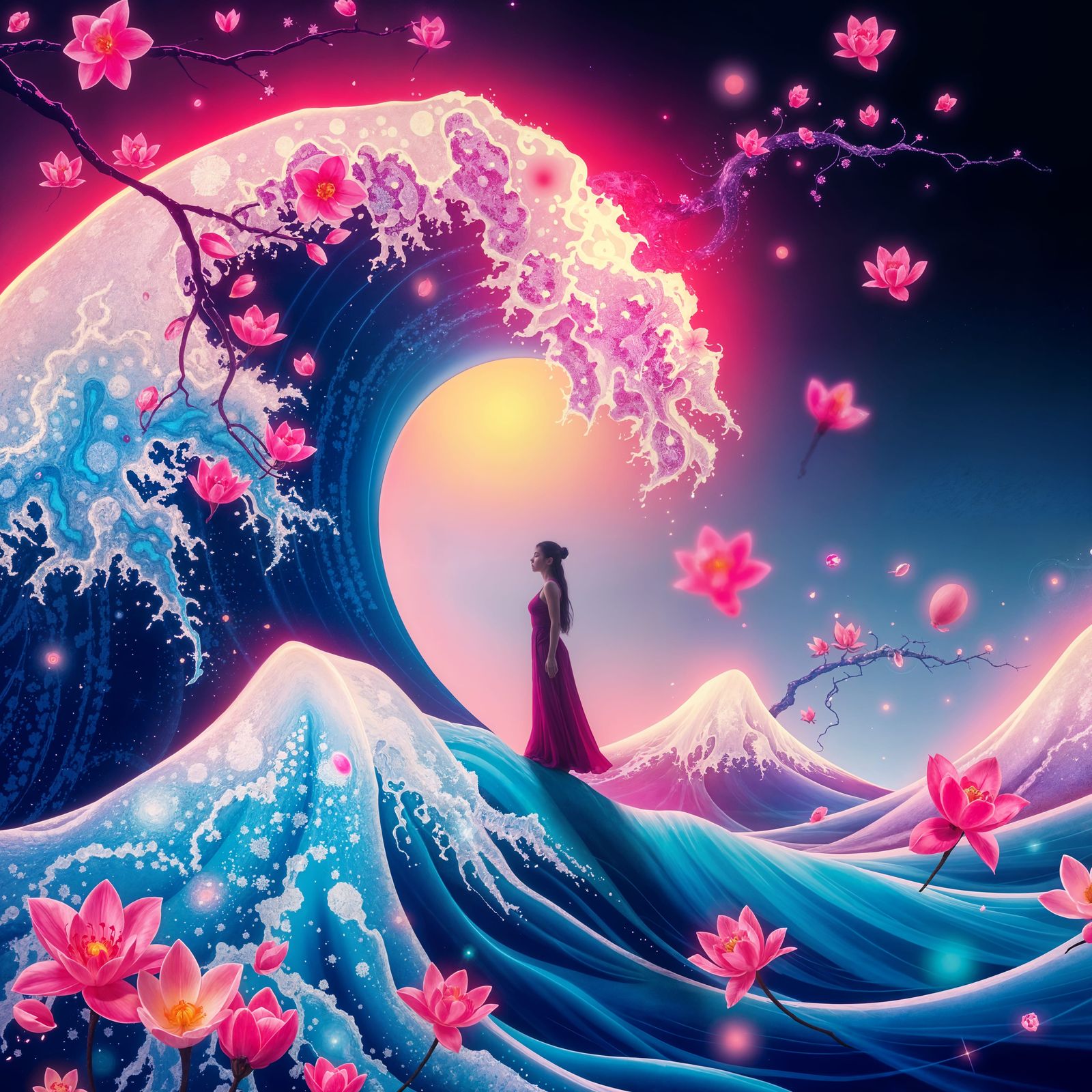 Hokusai Wave with Neon Holographic Glow